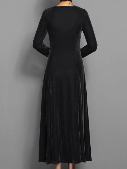 Women's velvet A-line midi dress with long-sleeve round-neck