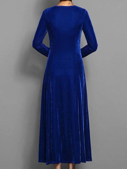 Women's velvet A-line midi dress with long-sleeve round-neck