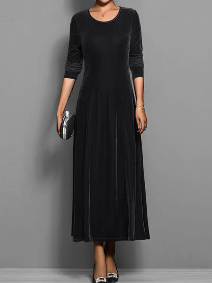 Women's velvet A-line midi dress with long-sleeve round-neck – Black