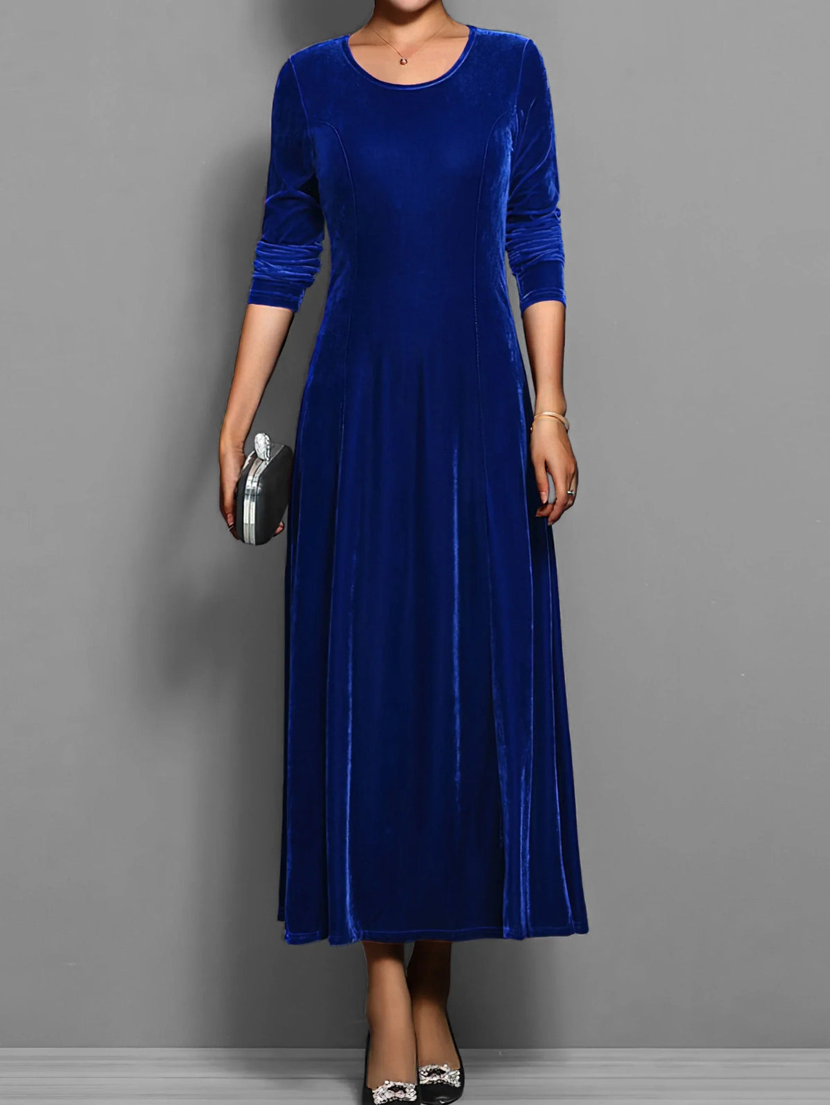 Women's velvet A-line midi dress with long-sleeve round-neck – Blue