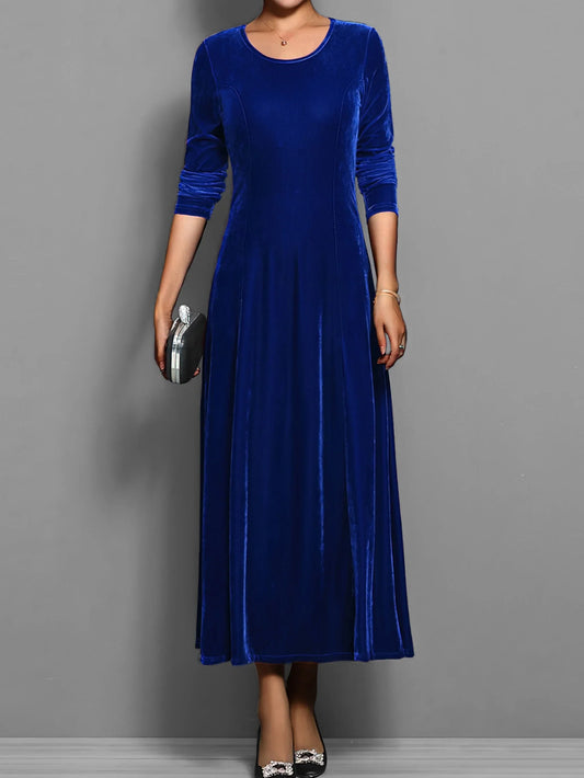 Women's velvet A-line midi dress with long-sleeve round-neck – Blue