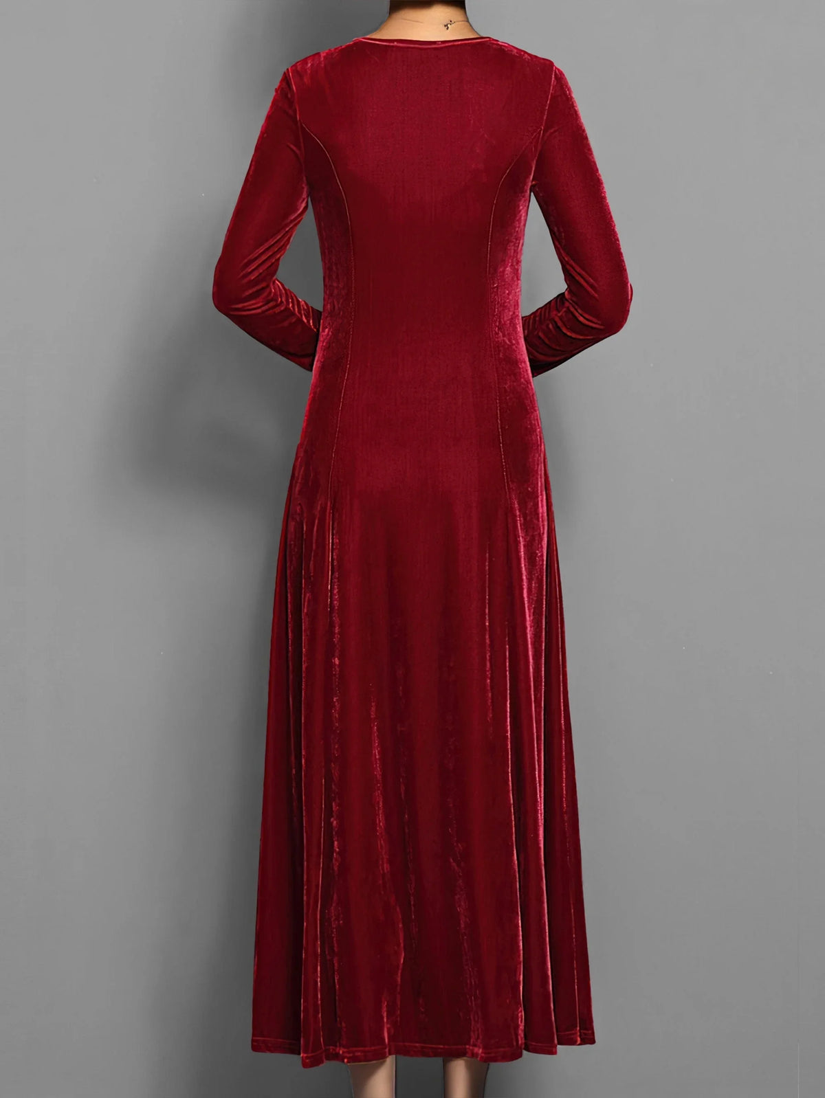 Women's velvet A-line midi dress with long-sleeve round-neck