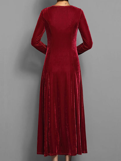 Women's velvet A-line midi dress with long-sleeve round-neck