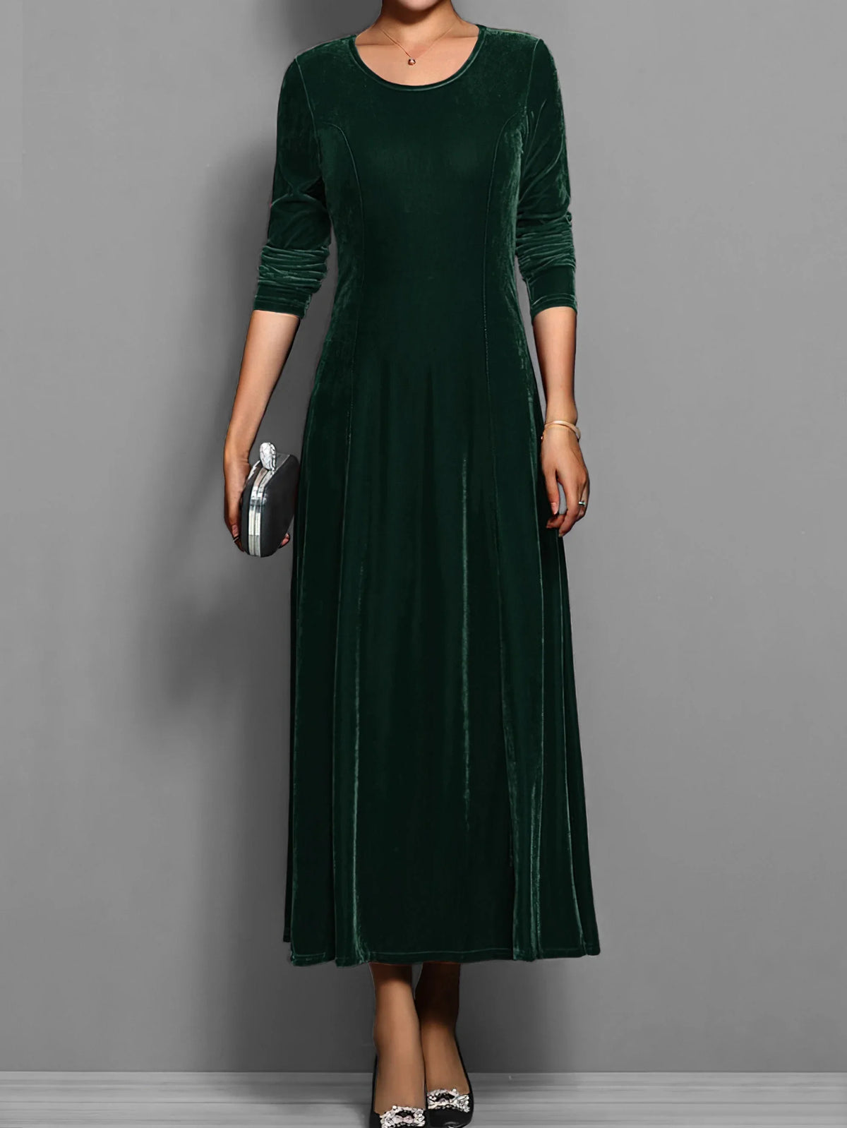 Women's velvet A-line midi dress with long-sleeve round-neck – Green