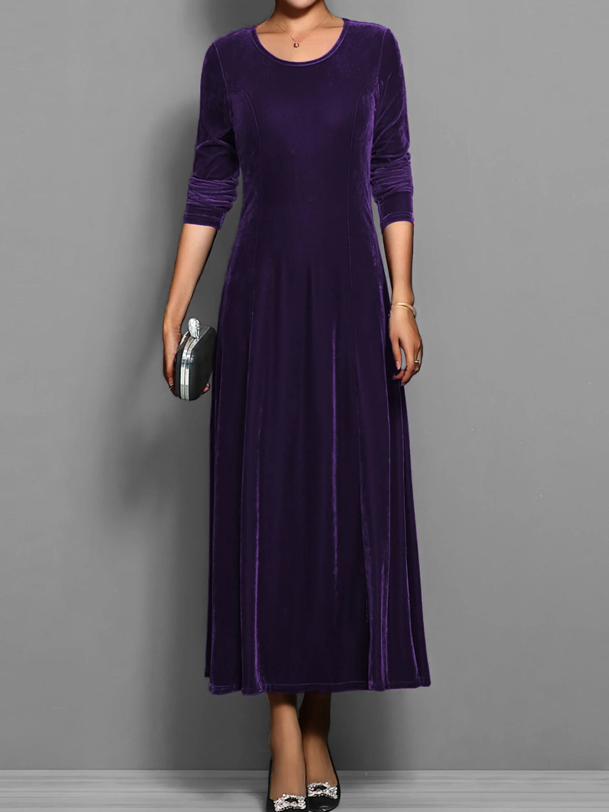 Women's velvet A-line midi dress with long-sleeve round-neck – Purple