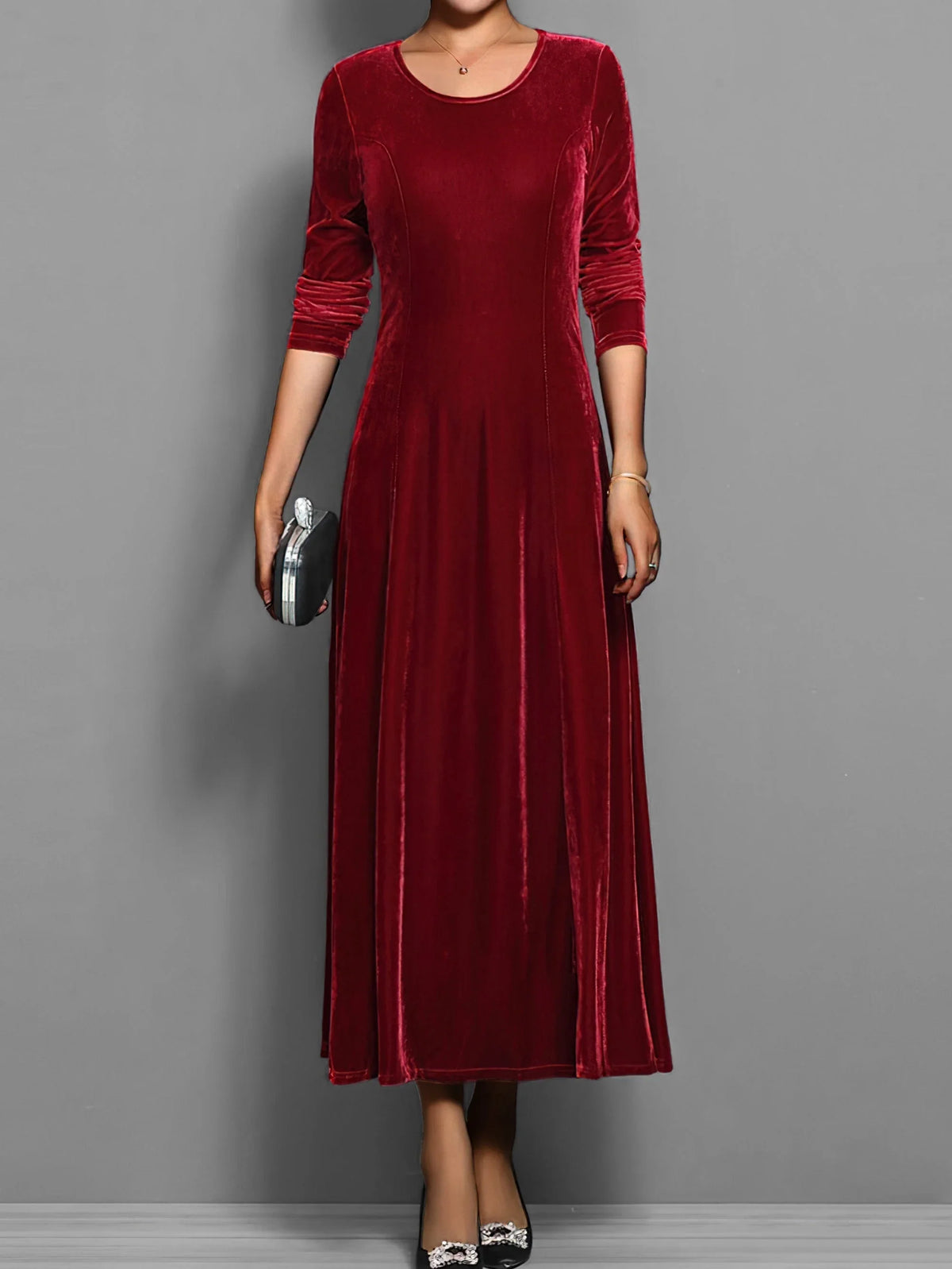 Women's velvet A-line midi dress with long-sleeve round-neck – Red