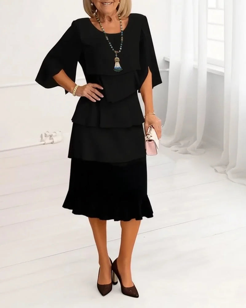 Women's ruffle tiered midi dress with round-neck and split-sleeves