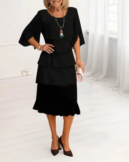 Women's ruffle tiered midi dress with round-neck and split-sleeves