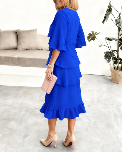 Women's ruffle tiered midi dress with round-neck and split-sleeves