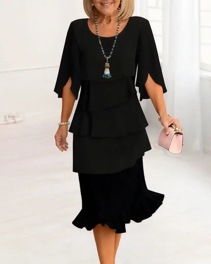 Women's ruffle tiered midi dress with round-neck and split-sleeves – Black