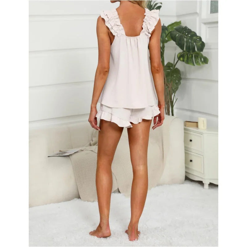 Women's ruffle trim sleeveless lounge set with drawstring shorts