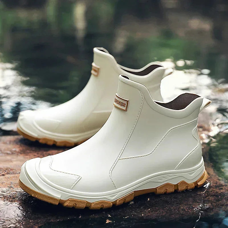 Women's rugged waterproof ankle rain boots with slip-resistant lug sole – Beige