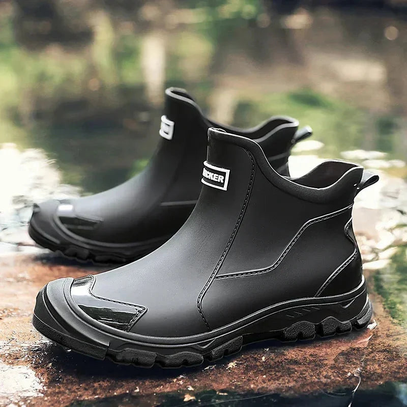 Women's rugged waterproof ankle rain boots with slip-resistant lug sole – Black