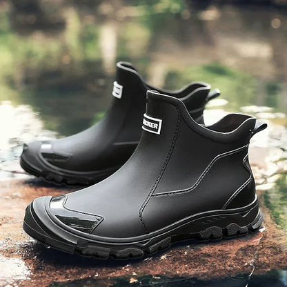 Women's rugged waterproof ankle rain boots with slip-resistant lug sole – Black