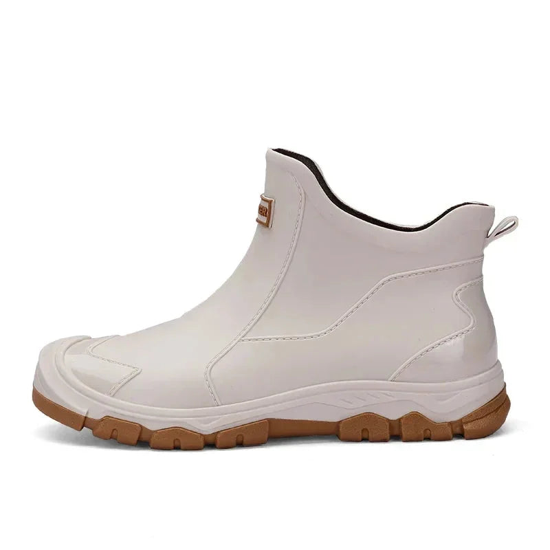 Women's rugged waterproof ankle rain boots with slip-resistant lug sole