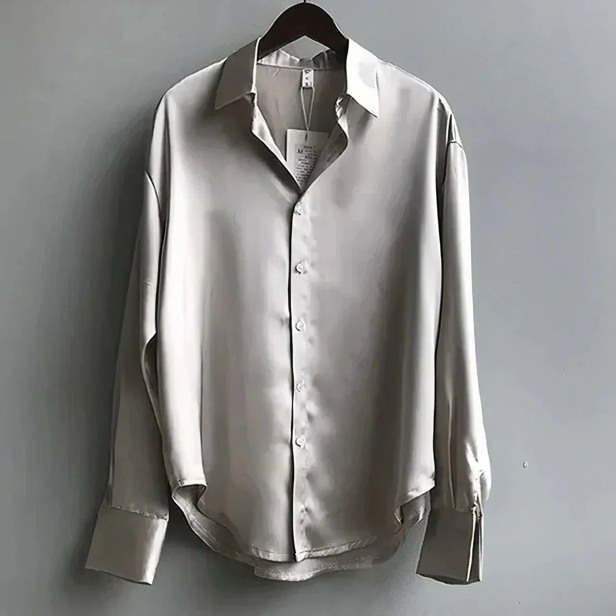 Women's satin blouse with long-sleeve button-down collar – Grey