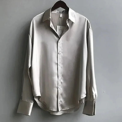Women's satin blouse with long-sleeve button-down collar – Grey
