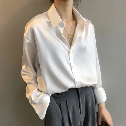 Women's satin blouse with long-sleeve button-down collar – White