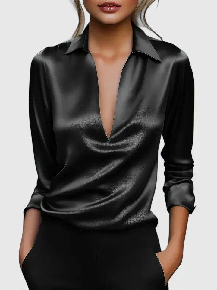 Women's satin collared long-sleeve blouse with deep V-neck – Black