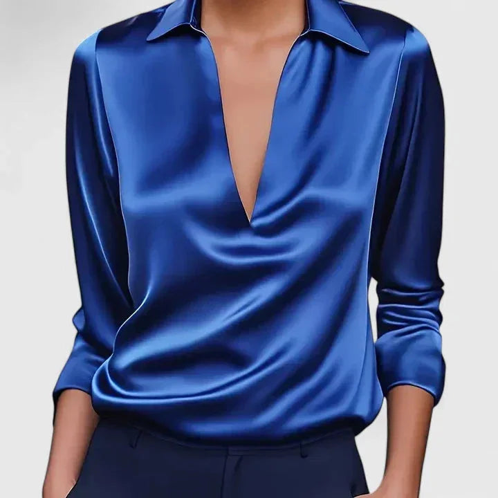 Women's satin collared long-sleeve blouse with deep V-neck – Blue