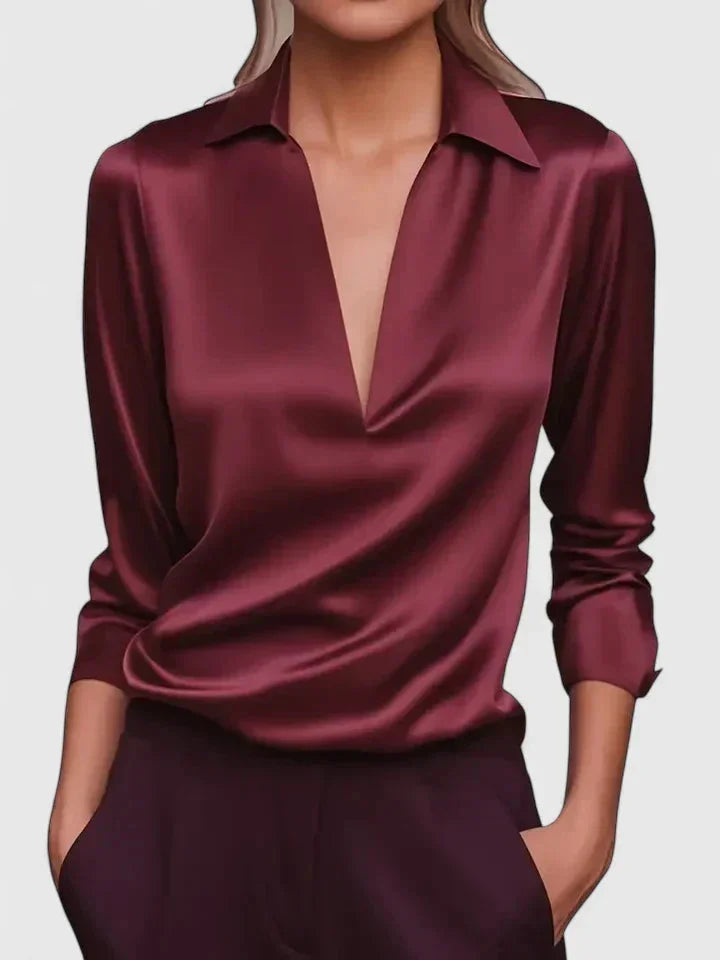 Women's satin collared long-sleeve blouse with deep V-neck – Burgundy