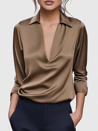 Women's satin collared long-sleeve blouse with deep V-neck