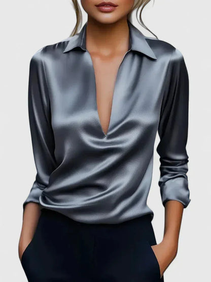 Women's satin collared long-sleeve blouse with deep V-neck – Grey