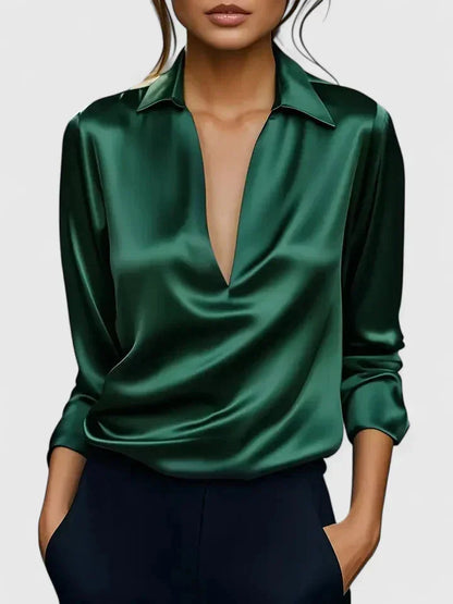 Women's satin collared long-sleeve blouse with deep V-neck – Green