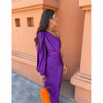 Women's satin evening maxi dress with one-shoulder long-sleeve twisted front slit