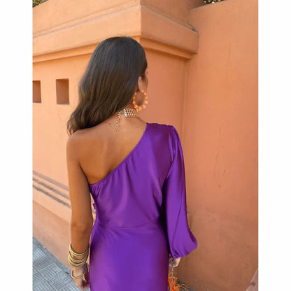 Women's satin evening maxi dress with one-shoulder long-sleeve twisted front slit