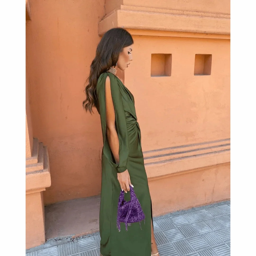 Women's satin evening maxi dress with one-shoulder long-sleeve twisted front slit