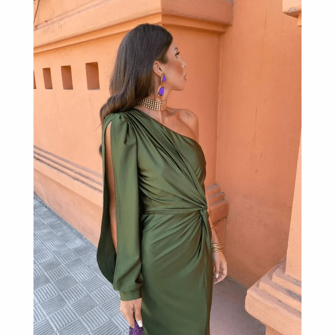 Women's satin evening maxi dress with one-shoulder long-sleeve twisted front slit