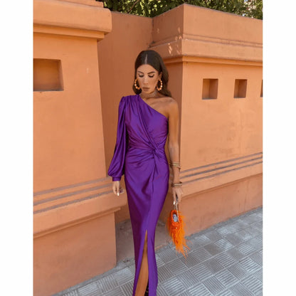 Women's satin evening maxi dress with one-shoulder long-sleeve twisted front slit – Lavender