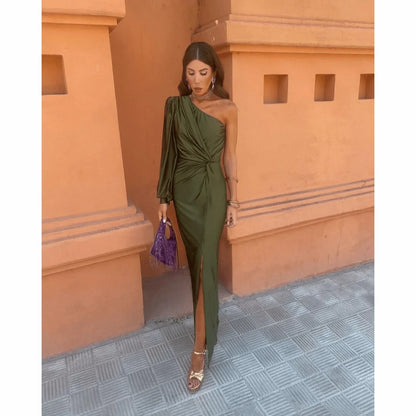 Women's satin evening maxi dress with one-shoulder long-sleeve twisted front slit – Olive Green