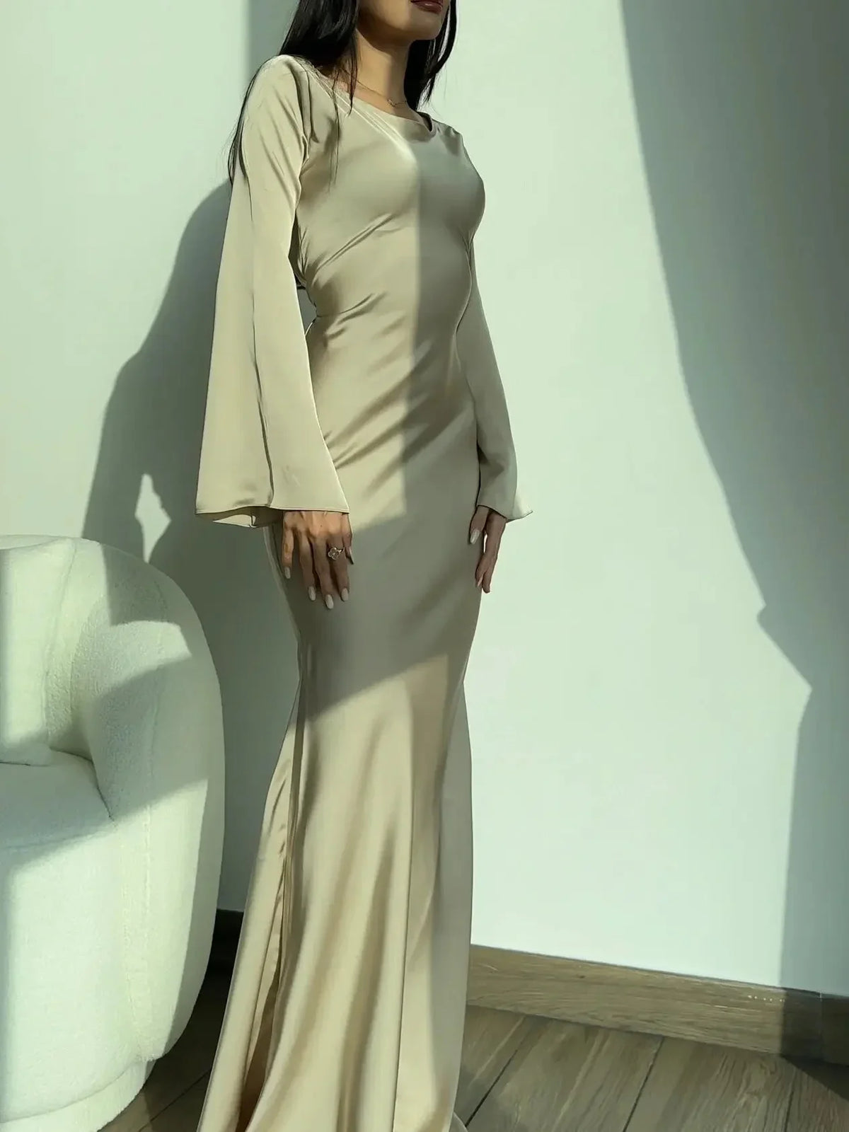 Women's satin fitted long-sleeve maxi dress with scoop neck and flared cuffs