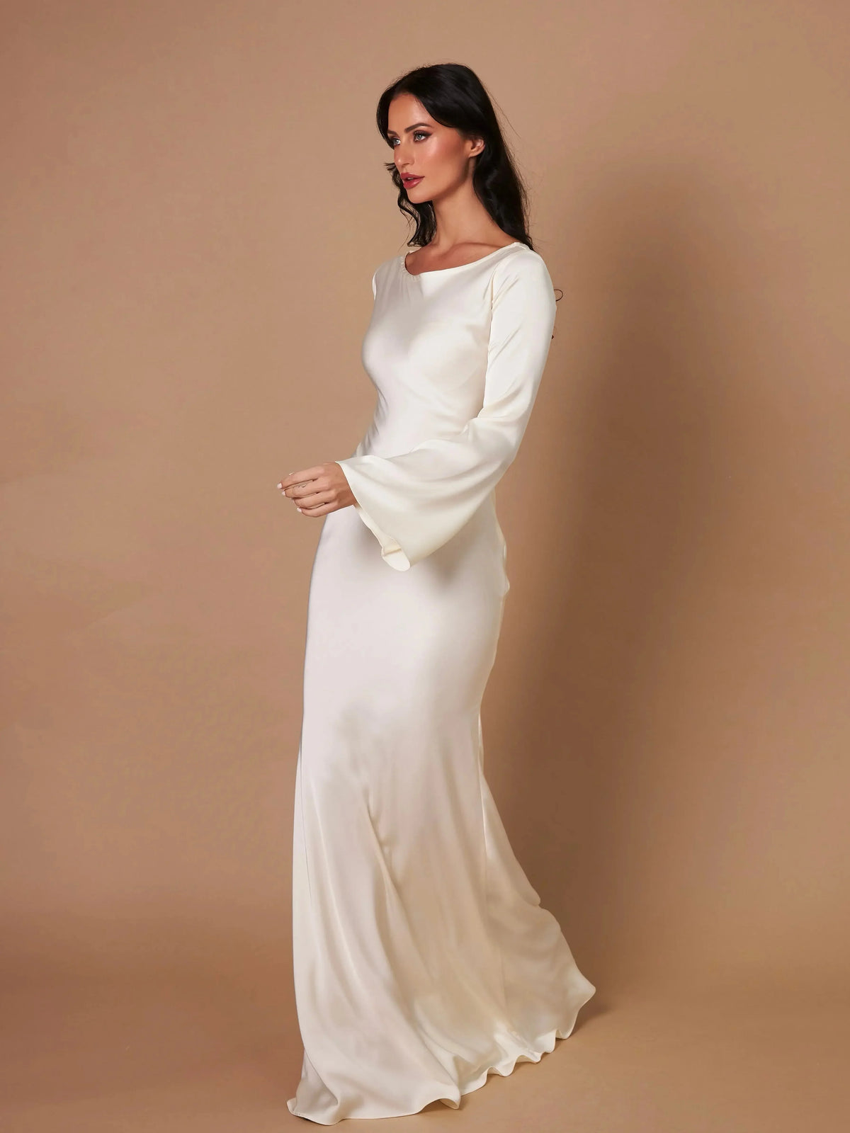 Women's satin fitted long-sleeve maxi dress with scoop neck and flared cuffs