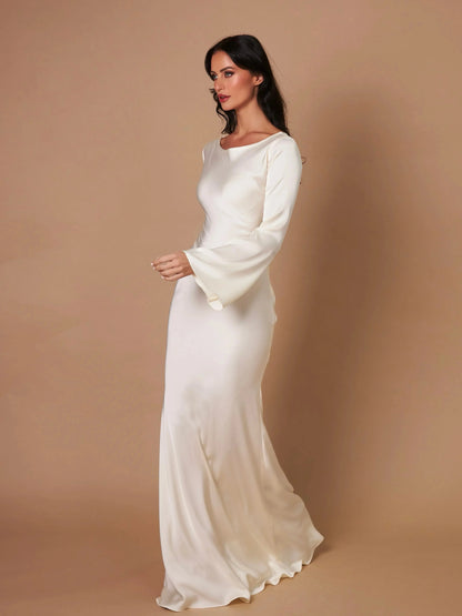 Women's satin fitted long-sleeve maxi dress with scoop neck and flared cuffs