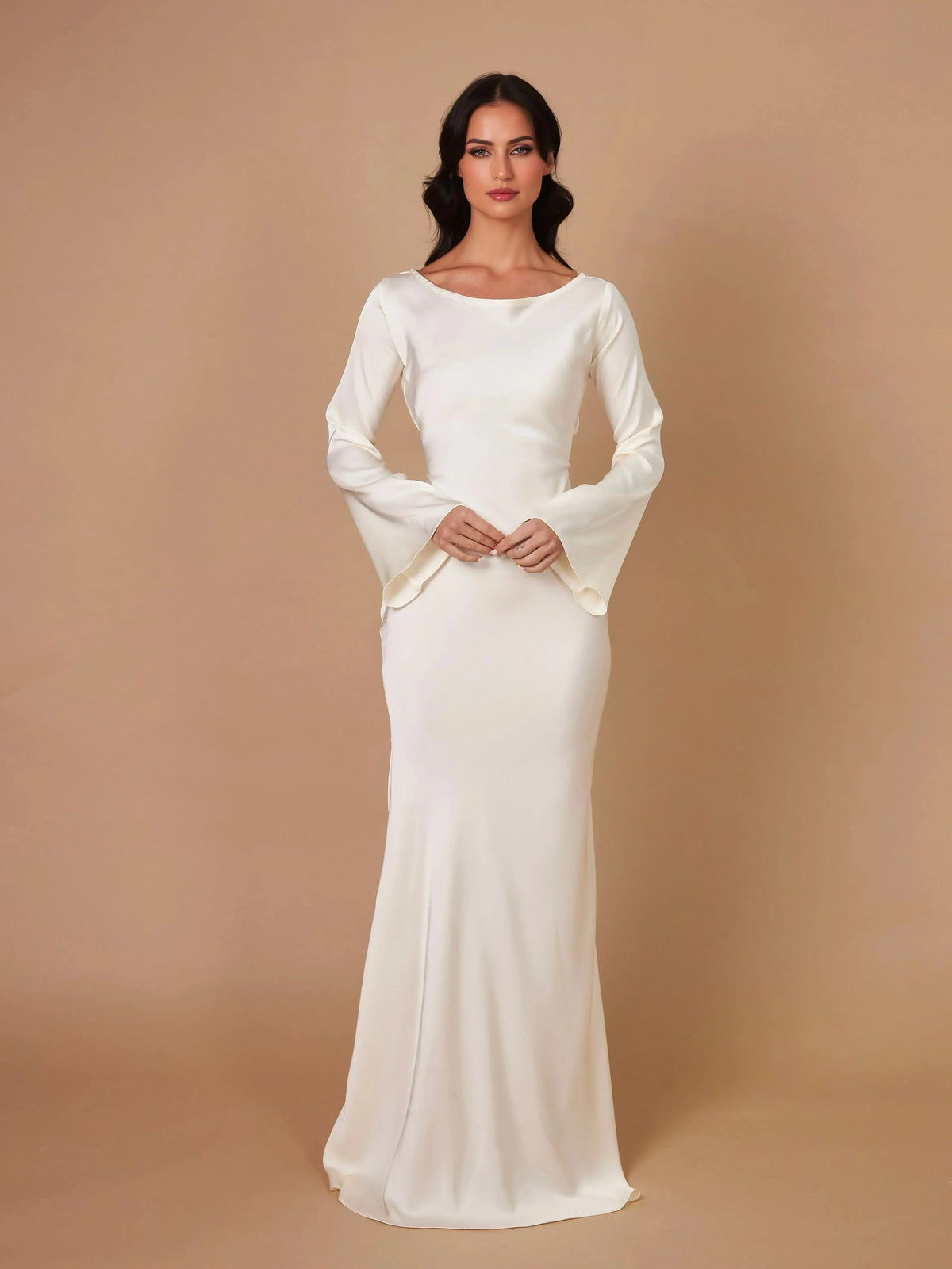 Women's satin fitted long-sleeve maxi dress with scoop neck and flared cuffs
