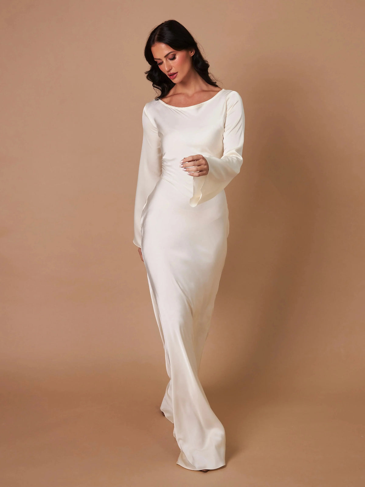 Women's satin fitted long-sleeve maxi dress with scoop neck and flared cuffs
