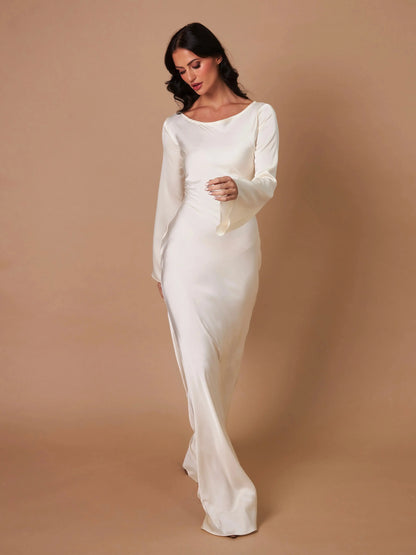 Women's satin fitted long-sleeve maxi dress with scoop neck and flared cuffs