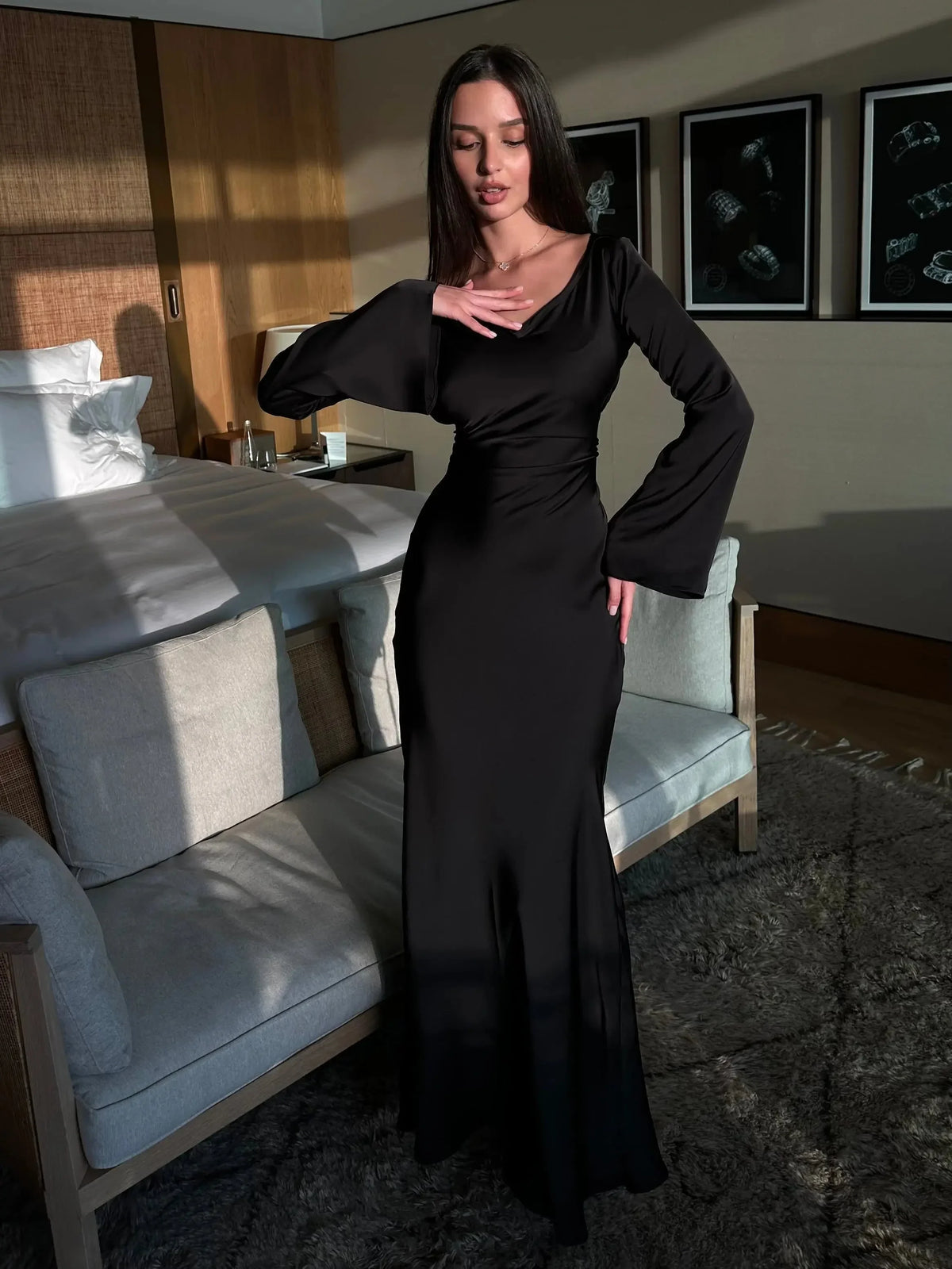 Women's satin fitted long-sleeve maxi dress with scoop neck and flared cuffs
