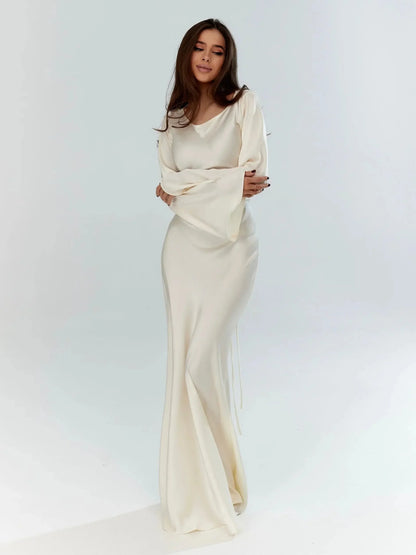 Women's satin fitted long-sleeve maxi dress with scoop neck and flared cuffs – Cream
