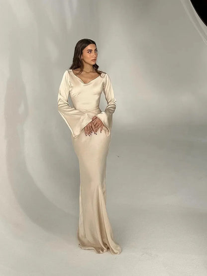 Women's satin fitted long-sleeve maxi dress with scoop neck and flared cuffs