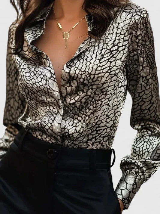 Women's satin leopard print long sleeve collared blouse with button-front design