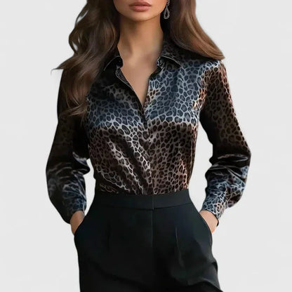 Women's satin leopard print long sleeve collared blouse with button-front design – Black
