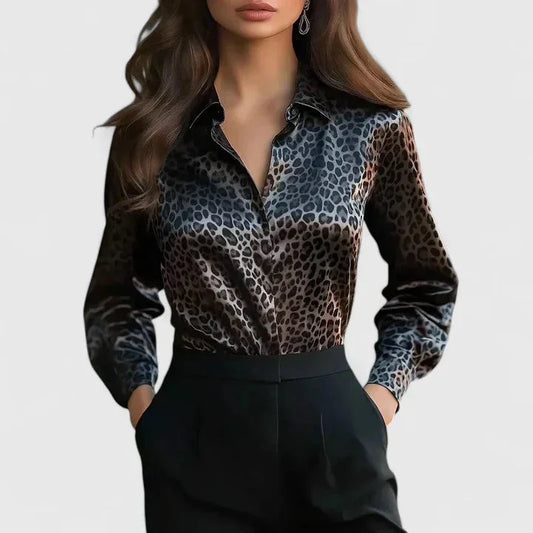 Women's satin leopard print long sleeve collared blouse with button-front design – Black