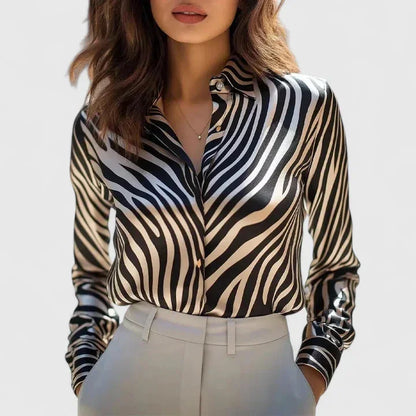 Women's satin leopard print long sleeve collared blouse with button-front design – Black White