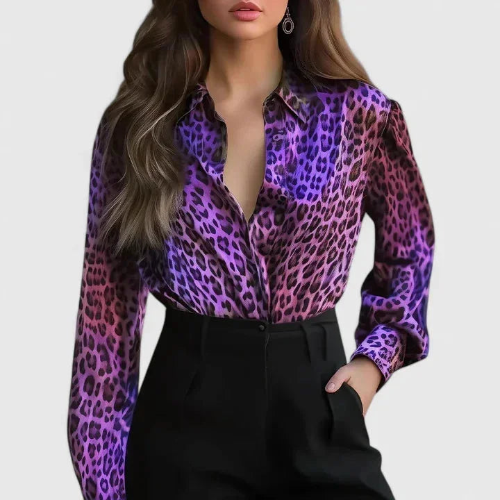 Women's satin leopard print long sleeve collared blouse with button-front design – Purple