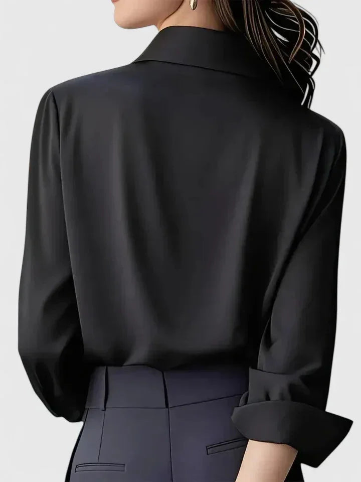 Women's satin long-sleeve blouse with collared concealed placket