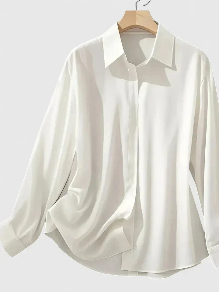 Women's satin long-sleeve blouse with collared concealed placket
